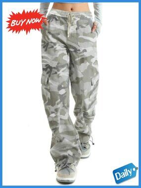 High Waisted Wide Leg Camo Cargo Pants Cotton Drawstring Women's